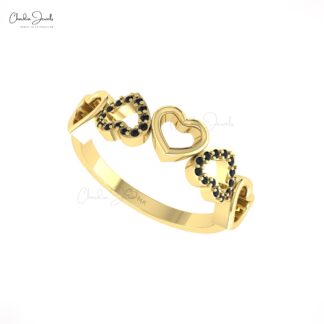 Real 14k Gold Heart Style Ring With 1mm Brilliant Cut Black Diamond Handmade Love Rings