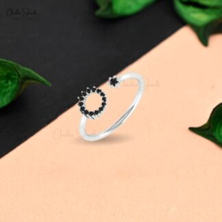 Brilliant Cut Split Shank Ring With 2mm Black Diamond Open Cuff Ring In 14k Solid Gold