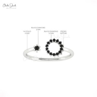 Brilliant Cut Split Shank Ring With 2mm Black Diamond Open Cuff Ring In 14k Solid Gold