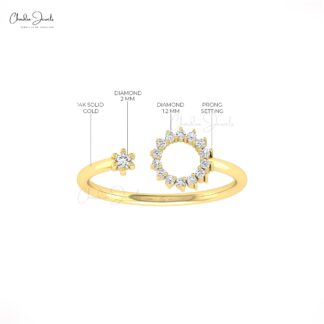 Open Cuff Adjustable Ring In Pure 14k Gold White Diamond 0.14 Ct Round Promise Rings