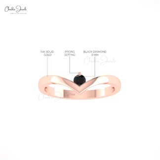 Single Stone Solitaire Ring In Pure 14k Gold Black Diamond Chevron Promise Rings For Her