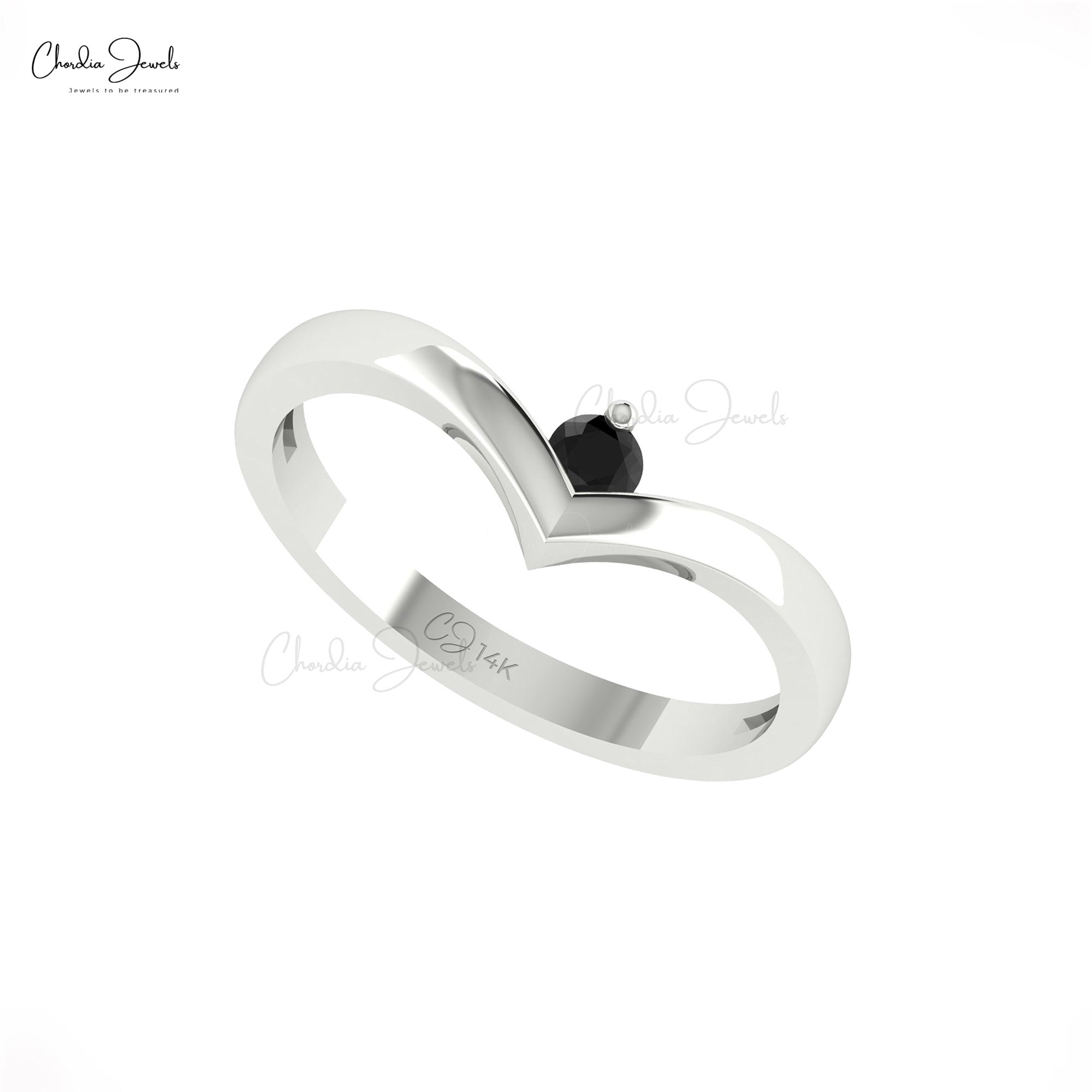 Single Stone Solitaire Ring In Pure 14k Gold Black Diamond Chevron Promise Rings For Her
