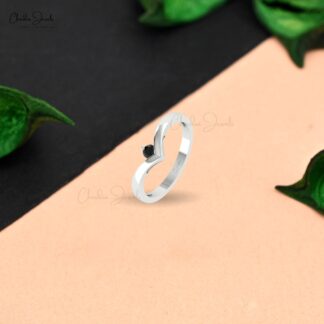 Single Stone Solitaire Ring In Pure 14k Gold Black Diamond Chevron Promise Rings For Her