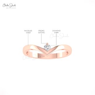 Diamond Chevron Ring With 3mm White Diamond Solitaire Engagement Ring In 14k Real Gold