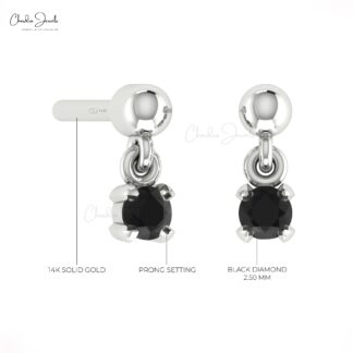 Solid 14k Gold Dangle Stone Earrings With 0.06 Ct Black Diamond Solitaire Tiny Studs