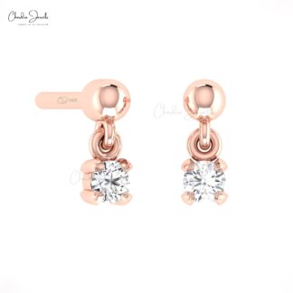 Round Cut Dangle Studs With 2.5mm G-H Diamond Solitaire Earrings In Solid 14k Gold