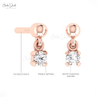 Round Cut Dangle Studs With 2.5mm G-H Diamond Solitaire Earrings In Solid 14k Gold
