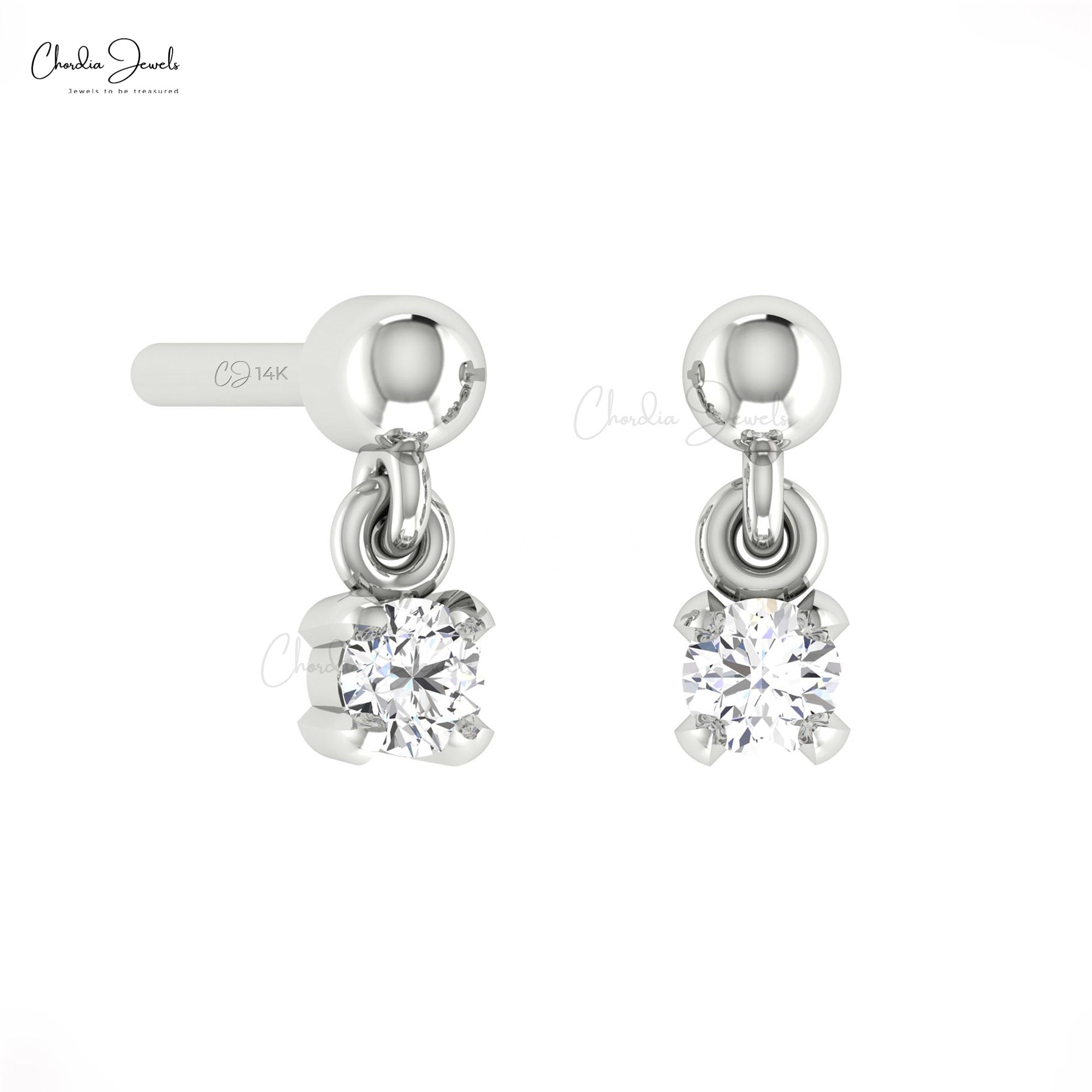 Round Cut Dangle Studs With 2.5mm G-H Diamond Solitaire Earrings In Solid 14k Gold