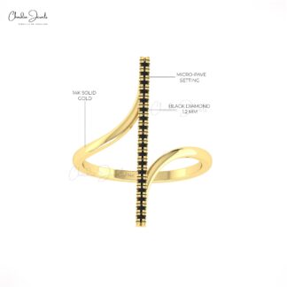 Real 14k Gold Curved Ring With 0.14 Ct Brilliant Cut Black Diamond Bar Anniversary Rings