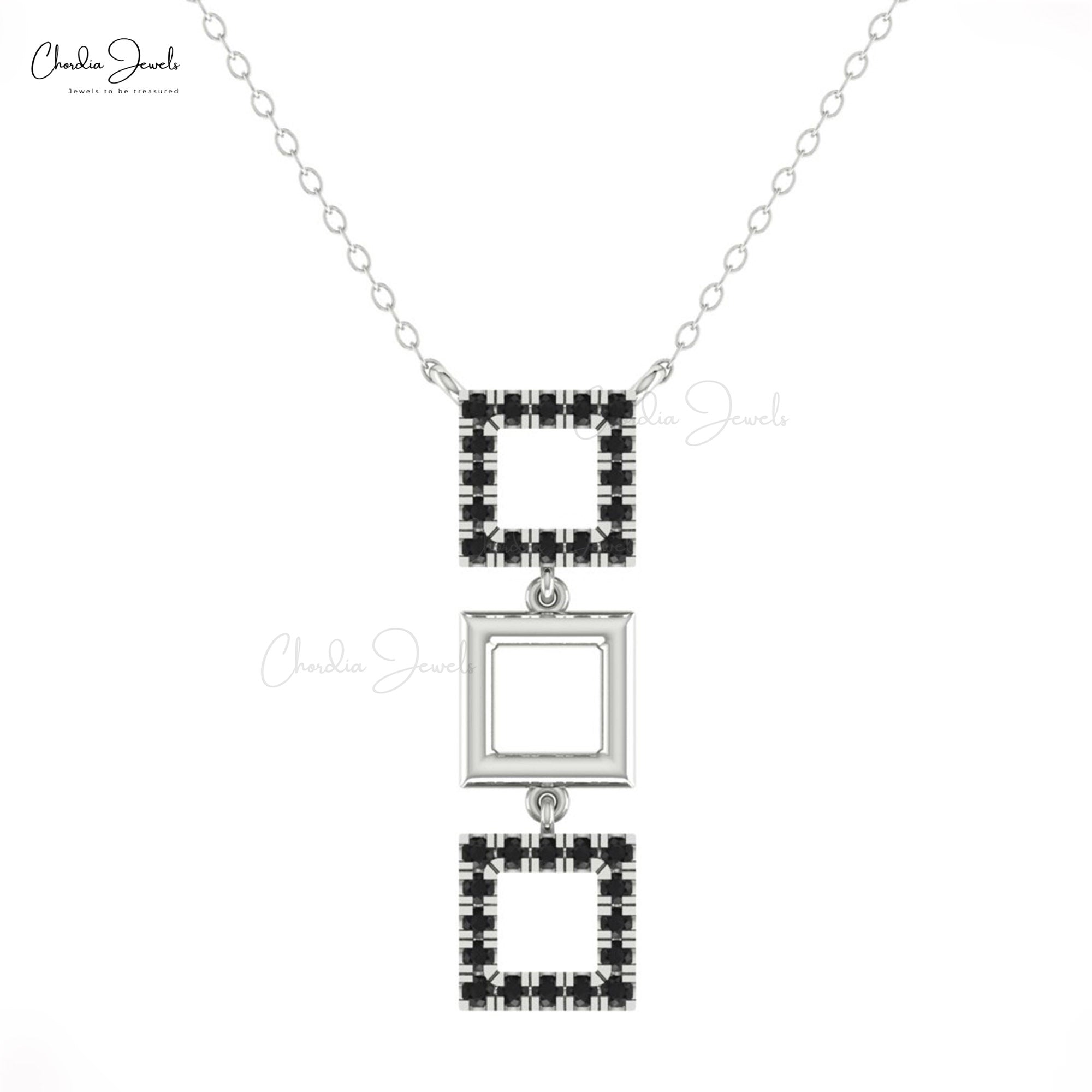 Pure 14k Gold Square Necklace With 0.54 Ct Black Diamond Handmade Dangle Necklace