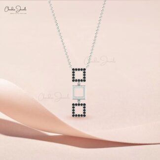 Pure 14k Gold Square Necklace With 0.54 Ct Black Diamond Handmade Dangle Necklace