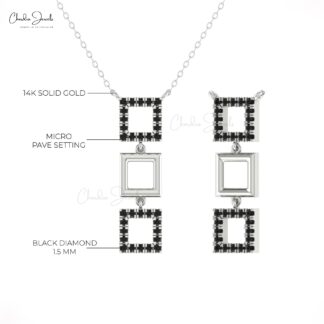 Pure 14k Gold Square Necklace With 0.54 Ct Black Diamond Handmade Dangle Necklace