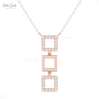 Square Shape Dangle Necklace In 14k Solid Gold Dainty Diamond 1.5mm Round Chain Necklaces