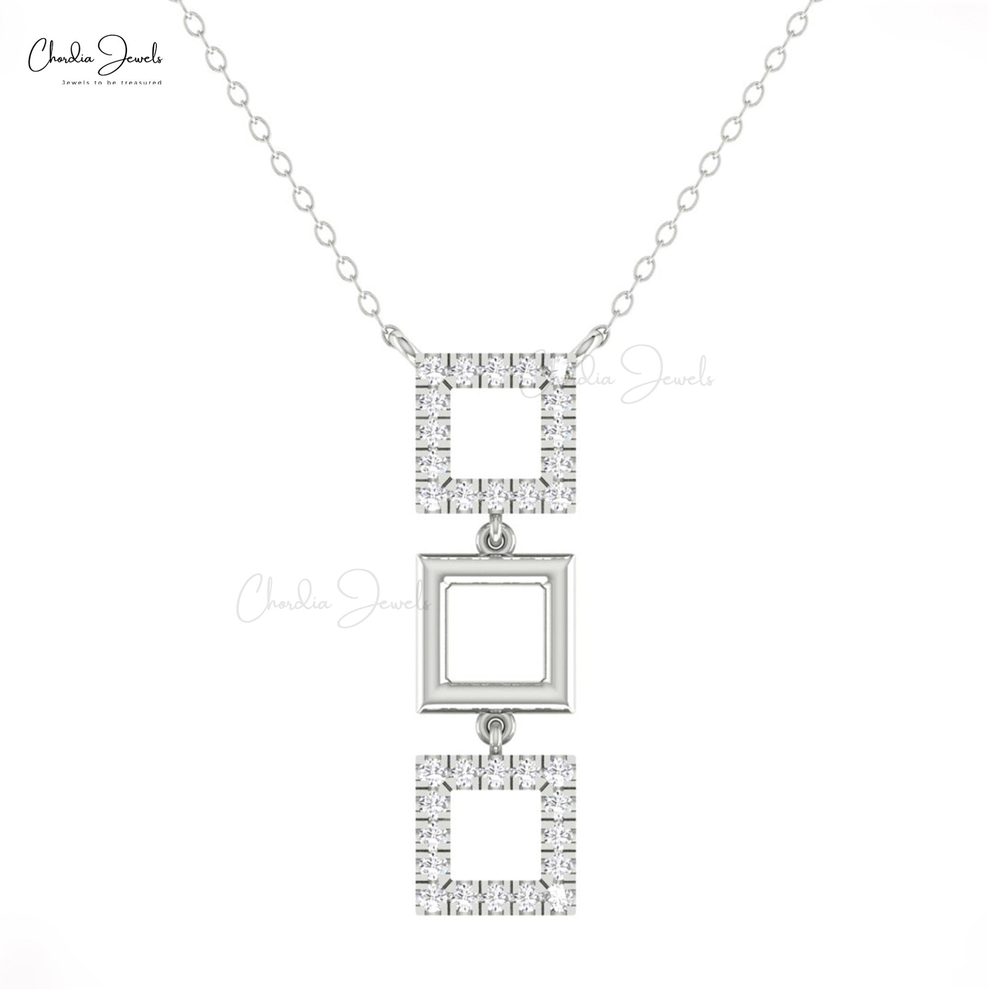 Square Shape Dangle Necklace In 14k Solid Gold Dainty Diamond 1.5mm Round Chain Necklaces