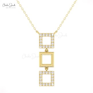 Square Shape Dangle Necklace In 14k Solid Gold Dainty Diamond 1.5mm Round Chain Necklaces
