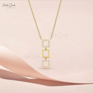 Square Shape Dangle Necklace In 14k Solid Gold Dainty Diamond 1.5mm Round Chain Necklaces