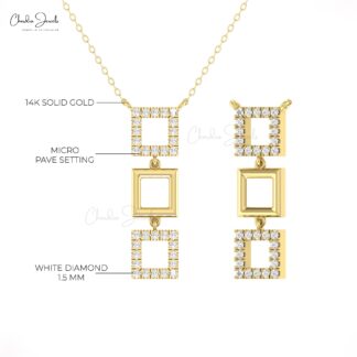 Square Shape Dangle Necklace In 14k Solid Gold Dainty Diamond 1.5mm Round Chain Necklaces