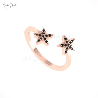 AAA Black Diamond Two Star Ring In Real 14k Gold Pave Set Open Cuff Rings For Women
