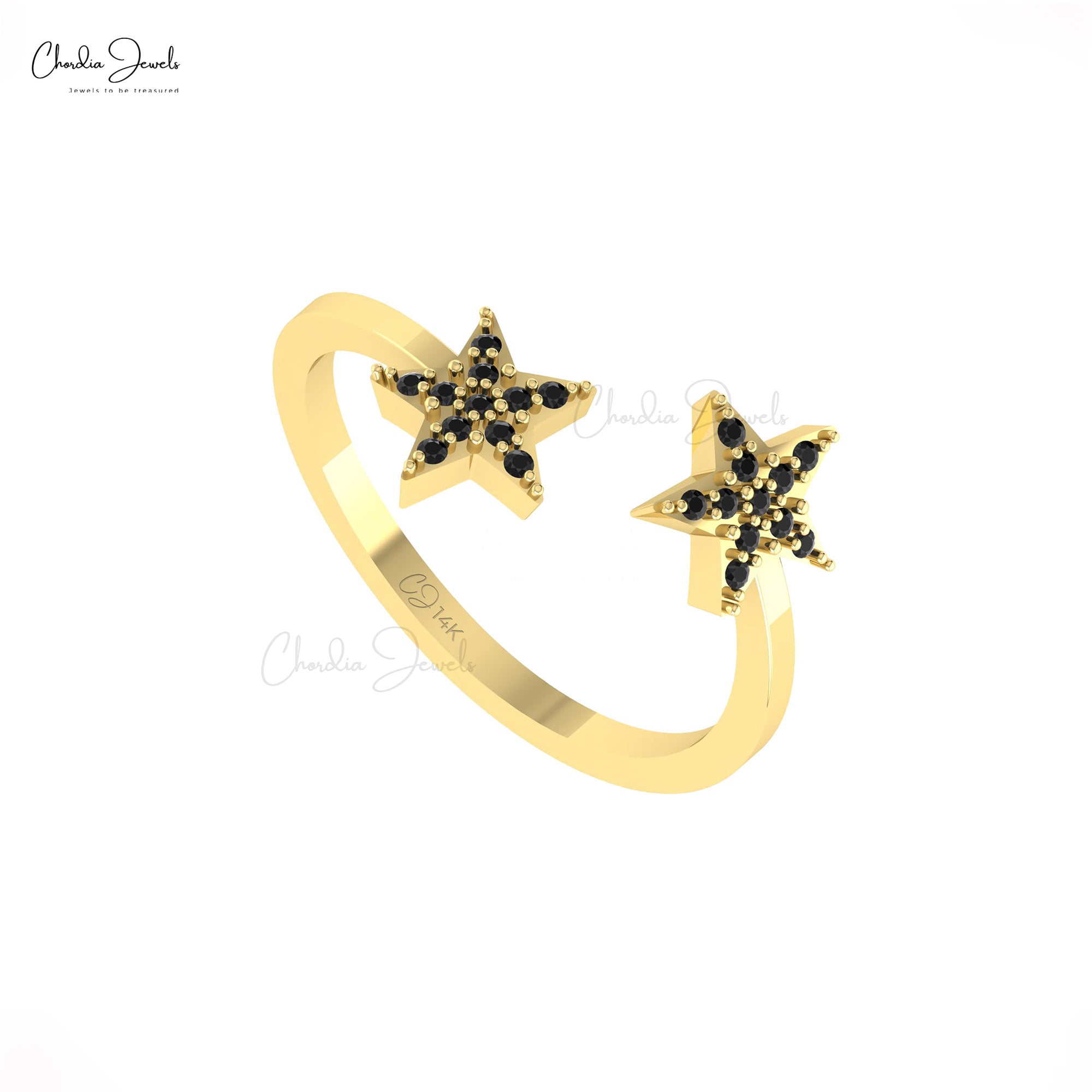 AAA Black Diamond Two Star Ring In Real 14k Gold Pave Set Open Cuff Rings For Women