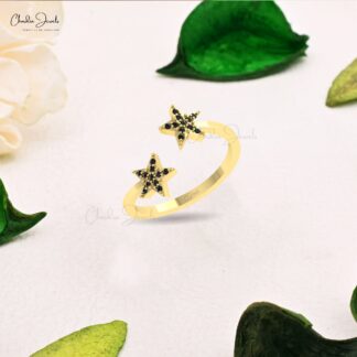 AAA Black Diamond Two Star Ring In Real 14k Gold Pave Set Open Cuff Rings For Women