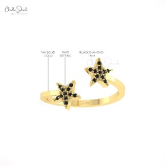 AAA Black Diamond Two Star Ring In Real 14k Gold Pave Set Open Cuff Rings For Women