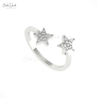 Open Cuff Cluster Ring With 0.11 Ct White Diamond Engagement Star Ring In 14k Gold