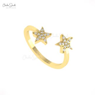 Open Cuff Cluster Ring With 0.11 Ct White Diamond Engagement Star Ring In 14k Gold