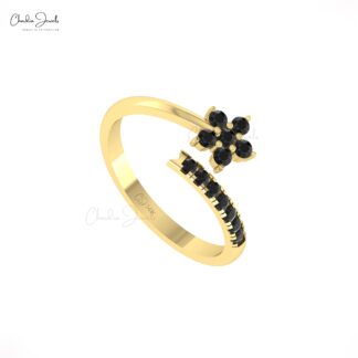 Cluster Open Cuff Women Ring In 14k Real Gold Black Diamond Hallmarked Star Jewelry
