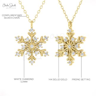 Snowflake Floral Pendant With 1.5mm G-H Diamond Prong Set In 14k Pure Gold Necklace