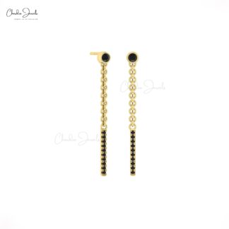 Solid 14k Gold Dangle Chain Earrings With 0.52 Ct Black Diamond Bar Push Back Earrings