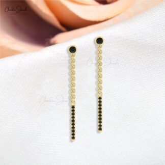 Solid 14k Gold Dangle Chain Earrings With 0.52 Ct Black Diamond Bar Push Back Earrings