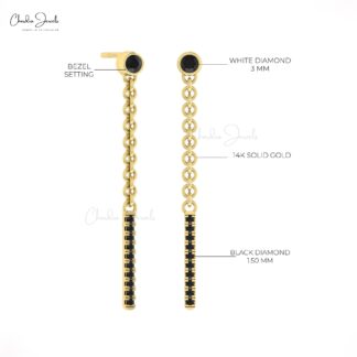 Solid 14k Gold Dangle Chain Earrings With 0.52 Ct Black Diamond Bar Push Back Earrings