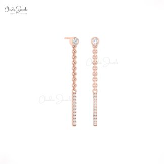 Dangling Chain Bar Earring In 14k Real Gold Bezel Set White Diamond Bridal Earrings