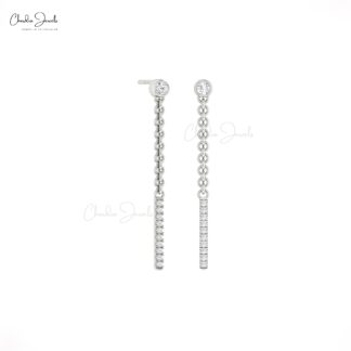 Dangling Chain Bar Earring In 14k Real Gold Bezel Set White Diamond Bridal Earrings
