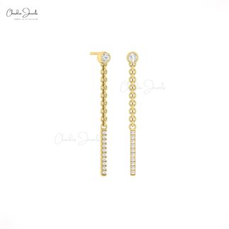 Dangling Chain Bar Earring In 14k Real Gold Bezel Set White Diamond Bridal Earrings