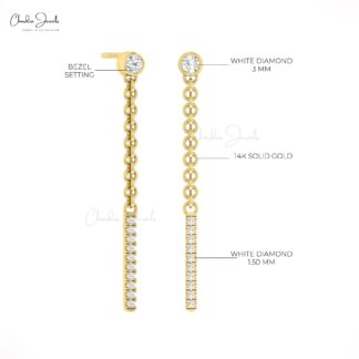 Dangling Chain Bar Earring In 14k Real Gold Bezel Set White Diamond Bridal Earrings