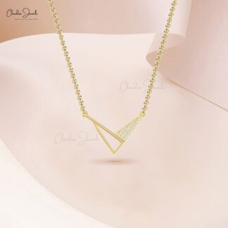 Open Close Triangle Necklace In Pure 14k Gold Cluster G-H Diamond 0.9mm Round Necklaces
