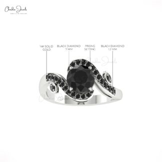 Natural Black Diamond Floral Ring In Solid 14k Gold April Birthstone Wedding Wave Rings