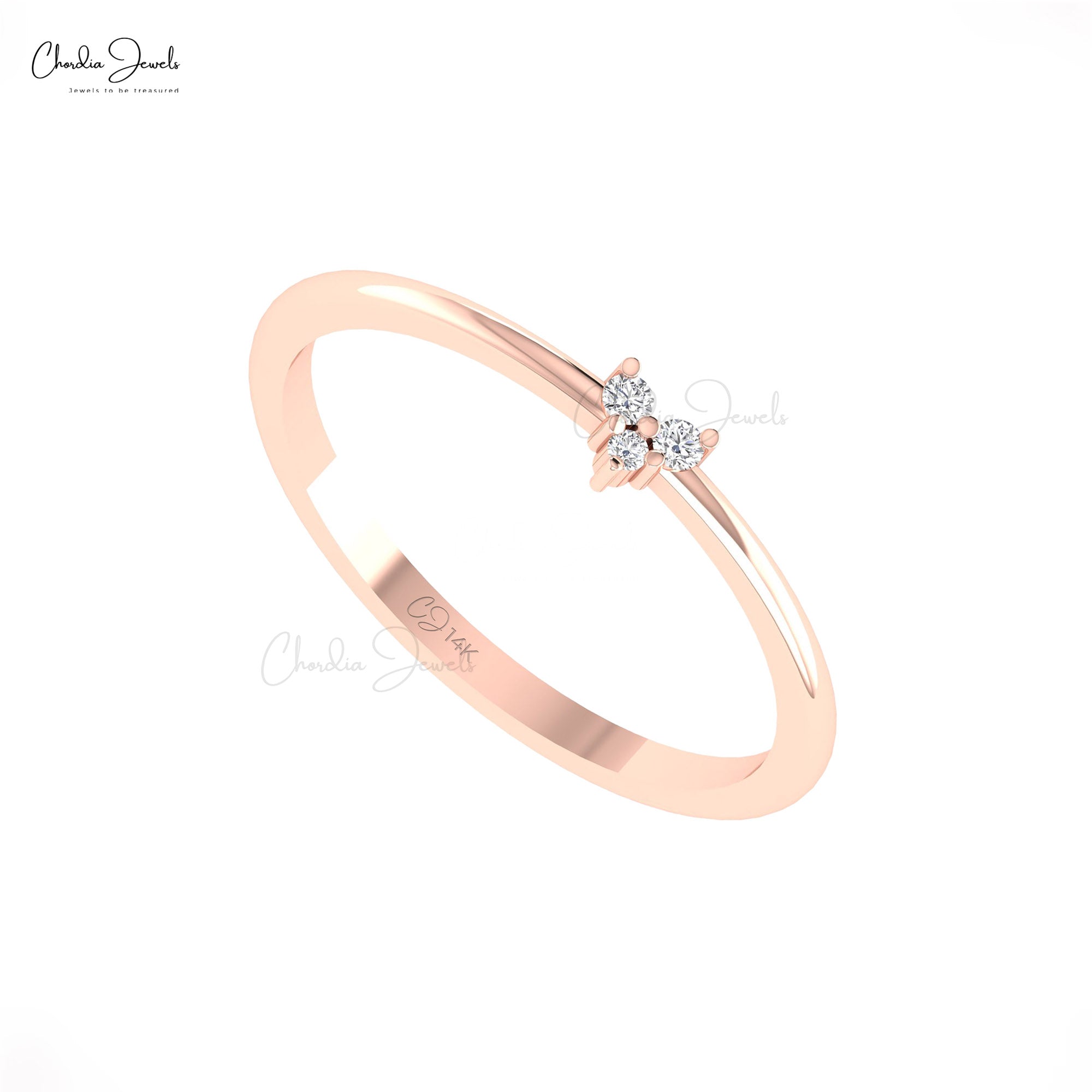 Trio Stone Dainty Ring With 0.04 Ct White Diamond Pave Set In 14k Real Gold Heart Rings