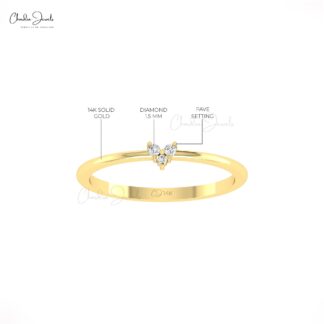 Trio Stone Dainty Ring With 0.04 Ct White Diamond Pave Set In 14k Real Gold Heart Rings