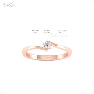 Real 14k Gold Solitaire Ring With 3mm Round G-H Diamond Split Shank Minimalist Rings