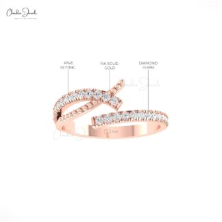 Open Wrap Adjustable Ring With 1.5mm White Diamond Bypass Cross Ring In 14k Real Gold