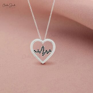 AAA Black Diamond Heartbeat Pendant With 14k Pure Gold Pave Set Love Fine Jewelry