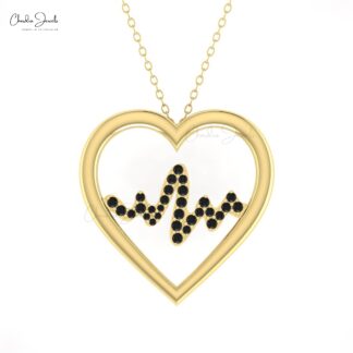 AAA Black Diamond Heartbeat Pendant With 14k Pure Gold Pave Set Love Fine Jewelry