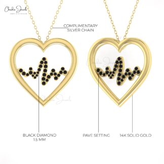 AAA Black Diamond Heartbeat Pendant With 14k Pure Gold Pave Set Love Fine Jewelry