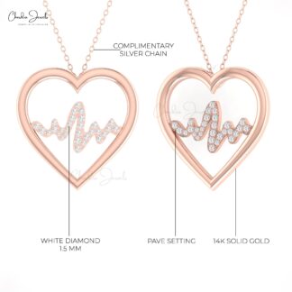 Round Cut Heart Shape Pendant In 14k Solid Gold G-H Diamond Lifeline Heartbeat Pendants