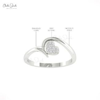 Dainty Heart Proposal Ring With 1.5mm White Diamond Cluster Pave Ring In 14k Pure Gold