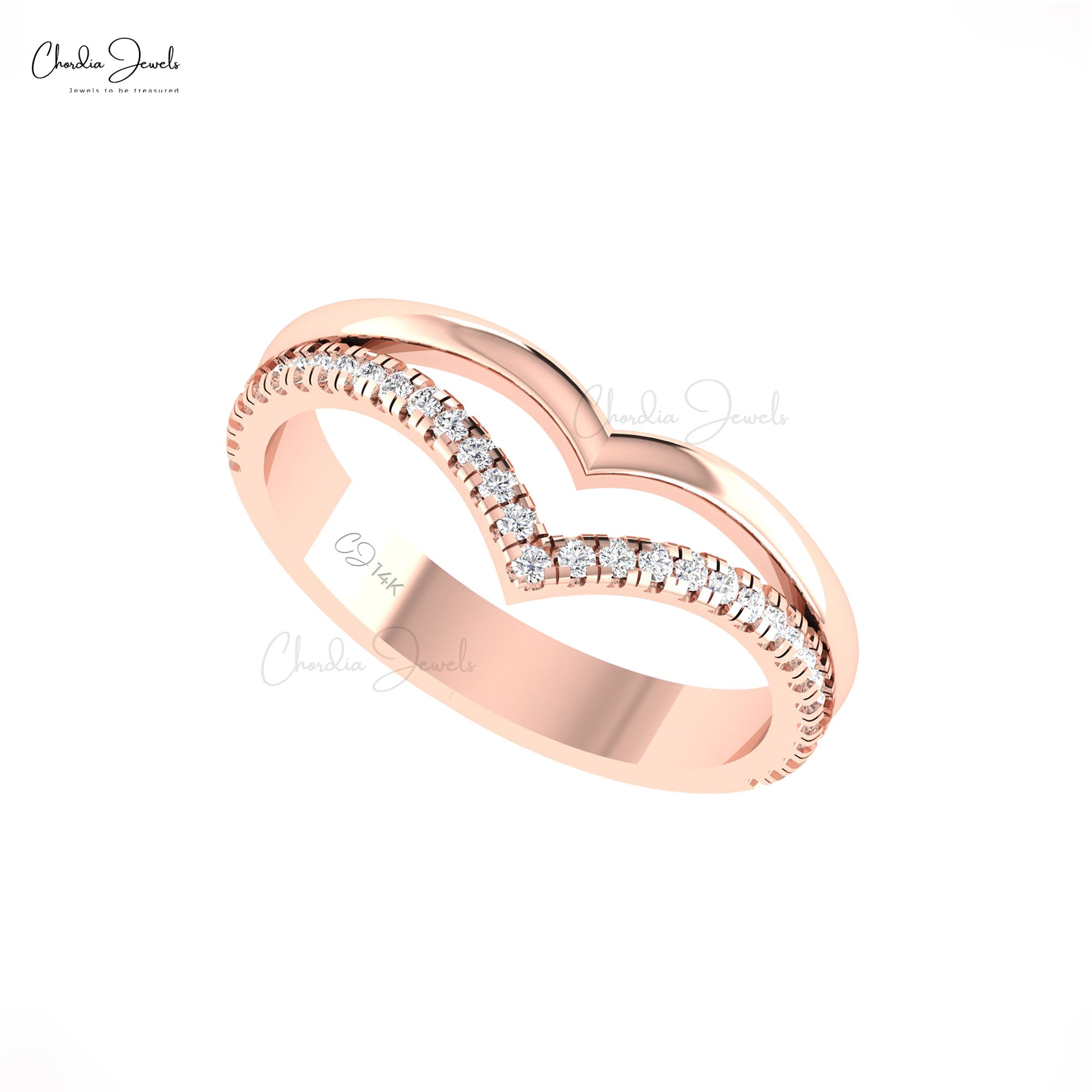 Double Chevron Women Ring With 0.25 Ct G-H Diamond Pave Set In 14k Real Gold Rings