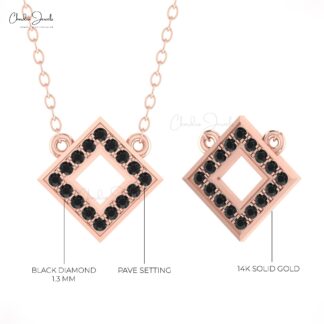 Genuine Black Diamond Open Necklace In 14k Solid Gold Square Shape Fine Jewelry For Mom