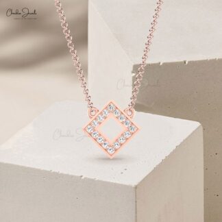 Open Square Chain Necklace With 0.16 Ct White Diamond 14k Solid Gold Handmade Necklace
